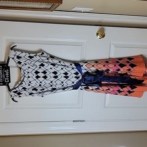 Haani Dress Petite XL Fit & Flare Diamonds Pattern Ribbon Belt Navy White